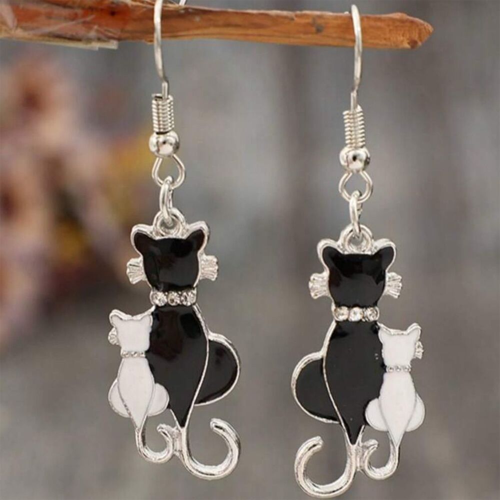 Black & White Cat Dangle Earrings Rhinestone Hook Fashion Jewelry